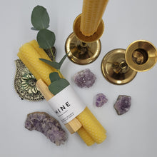 Load image into Gallery viewer, SHINE Beeswax Candle Bundle with Eucalyptus and Palo Santo  next to Candle Sticks and Amethyst Crystals The Wild Spirit
