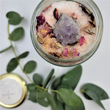 Load image into Gallery viewer, Bath Salts Hand Blended by The Wild Spirit in MIssion BC Canada. Inside of Salt Soak Featuring and Amethyst Crystal, Rose Petals and Gold Cosmetic Grade Mica 
