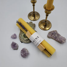 Load image into Gallery viewer, Beeswax Taper Candles with lavender and amethyst crystals
